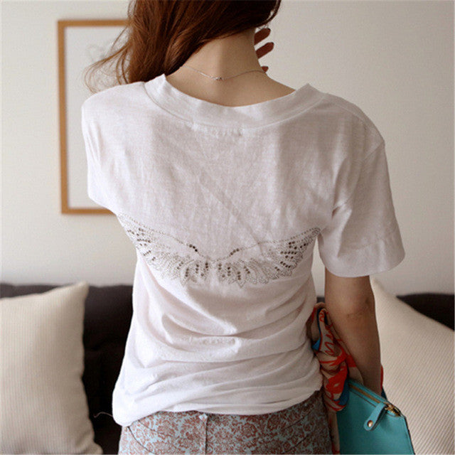 New  Women T shirts Fashion T-shirt Woman V-neck Short Sleeve Angel wings Diamond Bling Female Tops Plus Size t shirt 72538 SM6