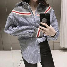 New  summer spring Plus Size Women blouse Button Patchwork Striprd Tops Casual Full Sleeves Shirts 72498 SM6