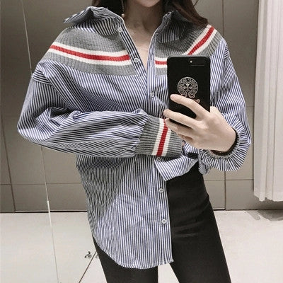 New  summer spring Plus Size Women blouse Button Patchwork Striprd Tops Casual Full Sleeves Shirts 72498 SM6