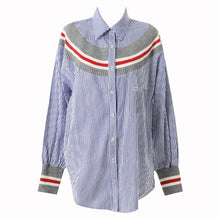 New  summer spring Plus Size Women blouse Button Patchwork Striprd Tops Casual Full Sleeves Shirts 72498 SM6