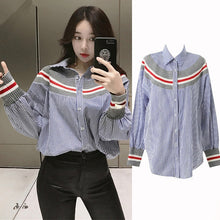 New  summer spring Plus Size Women blouse Button Patchwork Striprd Tops Casual Full Sleeves Shirts 72498 SM6