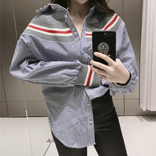 New  summer spring Plus Size Women blouse Button Patchwork Striprd Tops Casual Full Sleeves Shirts 72498 SM6