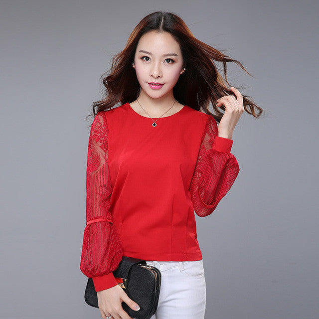 New  summer spring Plus Size Women blouse Lace Hollow Out Chiffon All-match O-neck Casual Puff Sleeve Shirts 72379 SM6
