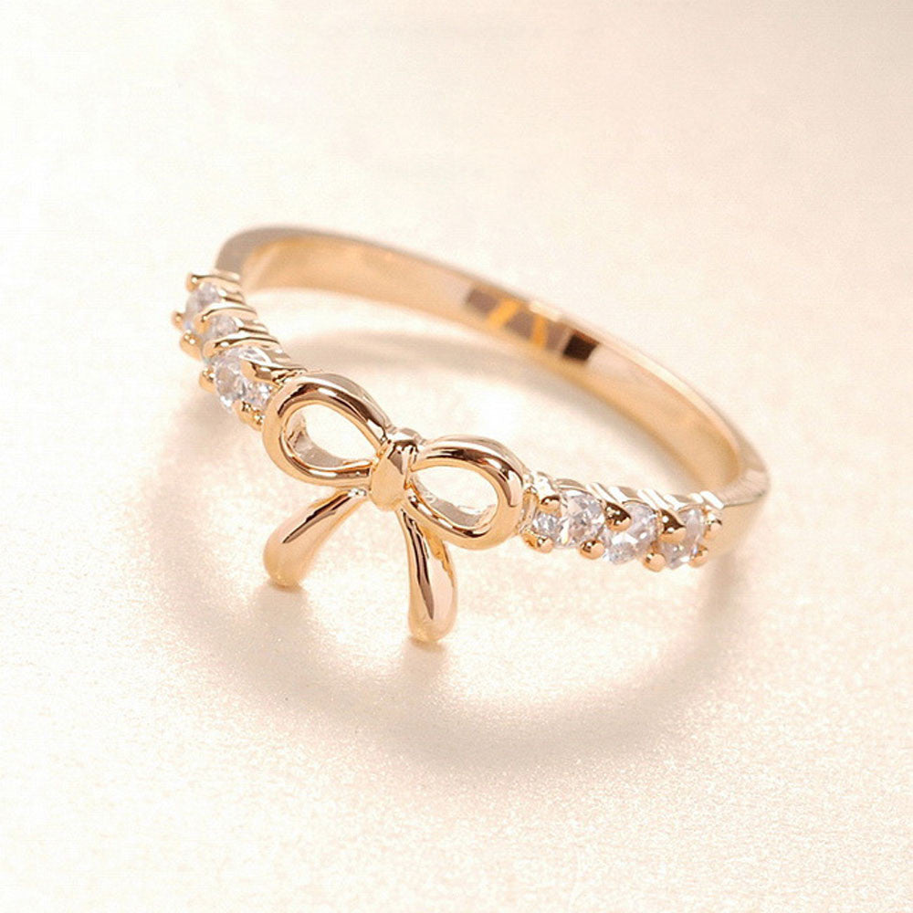 Girl's elegant Bow Rings Plated accessories Gold Silver rings Fine Lovers Korean Jewelry Simple Crystal CF
