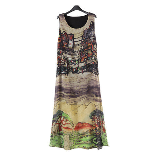New Arrival Summer Women Dress Fashion Vintage Print O Neck Sleeveless Beach Dress Side Split Bohemian Vestidos Plus Size 71233 SM6