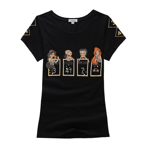 New Arrival Women T ShirtCarton Print O-Neck Short Sleeve Summer Women t-shirt Fashion Women Diamond Bling Tops Plus Size 71905 SM6