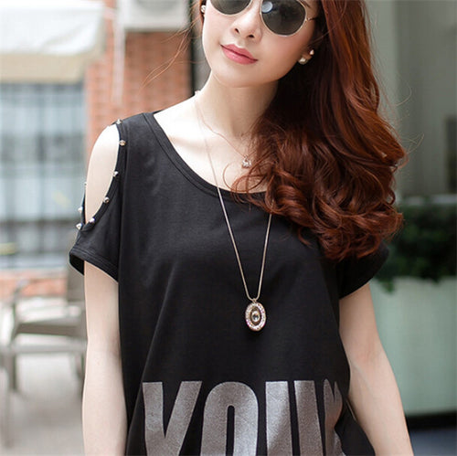 New Arrive  Summer Leakage Shoulder Cotton Rivet Woman T-shirt big size o-neck Casual women Bat T-shirts Tops Tees 30617 SM6