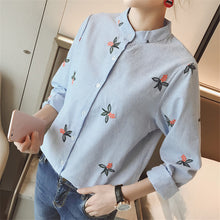 New Fashion  Elegant Summer Embroidery Shirt Women Striped Blouses Slim Woman Tops Full Sleeve Blusas 72595 SM6