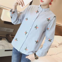 New Fashion  Elegant Summer Embroidery Shirt Women Striped Blouses Slim Woman Tops Full Sleeve Blusas 72595 SM6