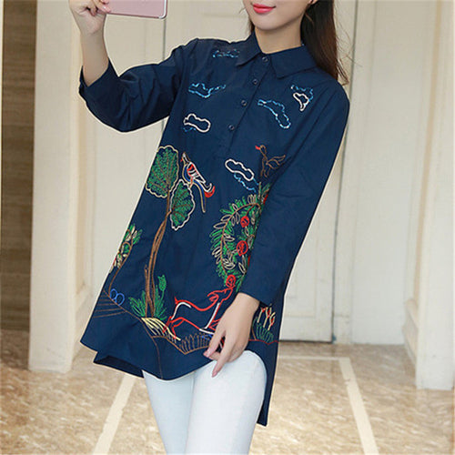 New Fashion  Korean Style Embroidery Bird Shirt Women Blouses Woman Loose Tops Full Sleeve Long Blusas 72597 SM6