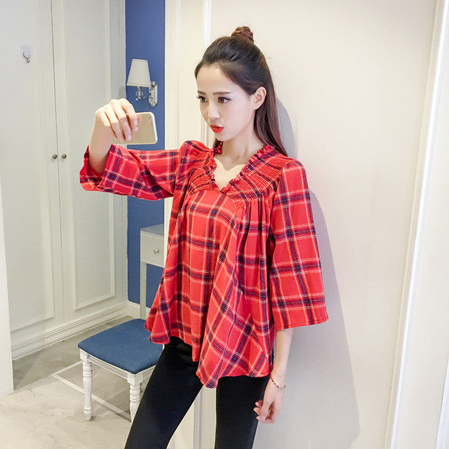 New Fashion  Korean style Summer Plus Size Flare Sleeve Blouse V-Neck Red Plaid Shirt Sexy Casual Blusas Women Tops 72518 SM6