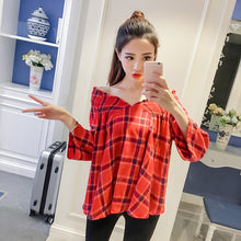 New Fashion  Korean style Summer Plus Size Flare Sleeve Blouse V-Neck Red Plaid Shirt Sexy Casual Blusas Women Tops 72518 SM6