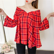 New Fashion  Korean style Summer Plus Size Flare Sleeve Blouse V-Neck Red Plaid Shirt Sexy Casual Blusas Women Tops 72518 SM6