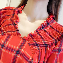 New Fashion  Korean style Summer Plus Size Flare Sleeve Blouse V-Neck Red Plaid Shirt Sexy Casual Blusas Women Tops 72518 SM6