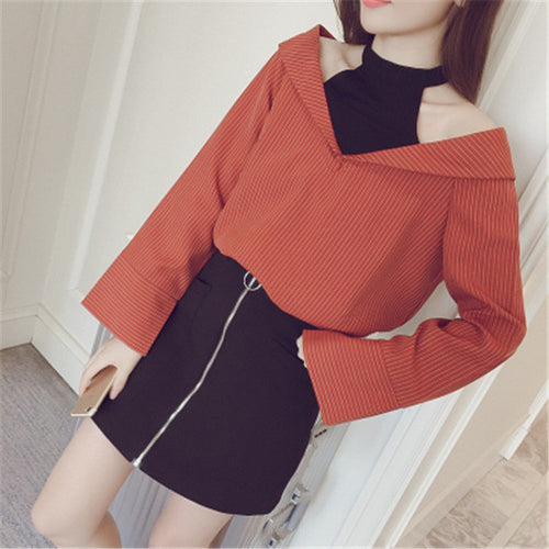 New Fashion  Summer Hanging neck Hollow Out Shirt Women Striped Blouses Sexy Woman Tops Full Sleeve Blusas 72594 SM6