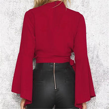 New Fashion  Summer Waist Bow tie Shirt Women Blouses Sexy Woman Tops Full flare Sleeve Blusas Hanging neck Hollow Out SM6