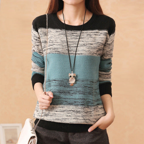 New Fashion Female Pullovers Knitted Long Sleeve O-neck Winter Autumn Patchwork Sweaters Hot  71978 SM6