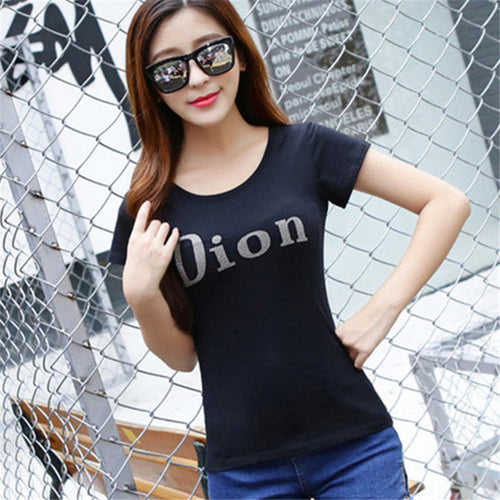 New Fashion Short Sleeve T-shirts Plus Size Female Letter Print T shirts Top O-neck Women Diamonds Bling t shirt 71843 SM6