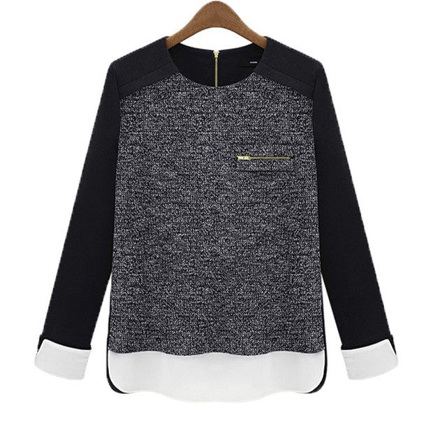 New Fashion Women Blouses Chiffon Knitted Patchwork Long Sleeve Thick Shirt Blusas Femininas Plus size Tops 70065 SM6