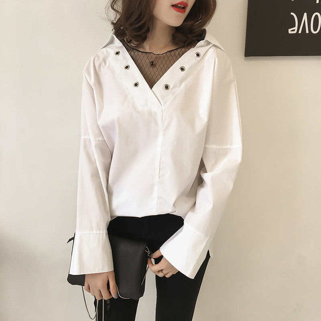 New Plus Size Woman Tops  Summer Sexy Gauze V-neck Patckwork Hollow Out Blouses Long Sleeve Loose White Shirt S-4XL 33011 SM6
