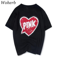 Woman T-shirts  Harajuku Summer Pink Letters Sequins Short Sleeves Tops Tee Female O-neck Loose T-shirt 33022 SM6